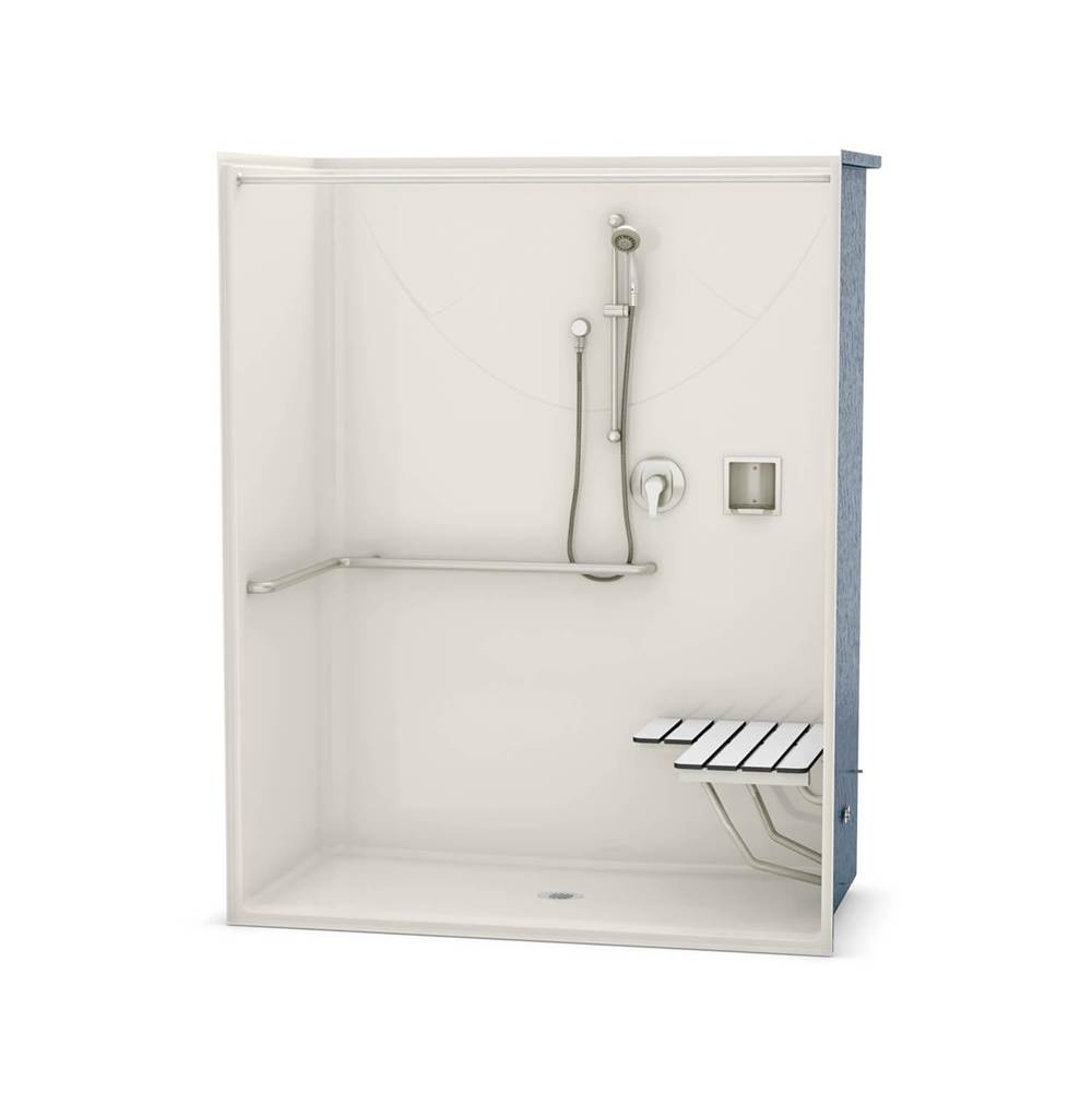 Aker OPS-6030-RS AcrylX Alcove Center Drain One-Piece Shower in Biscuit - ADA Compliant (with Seat)