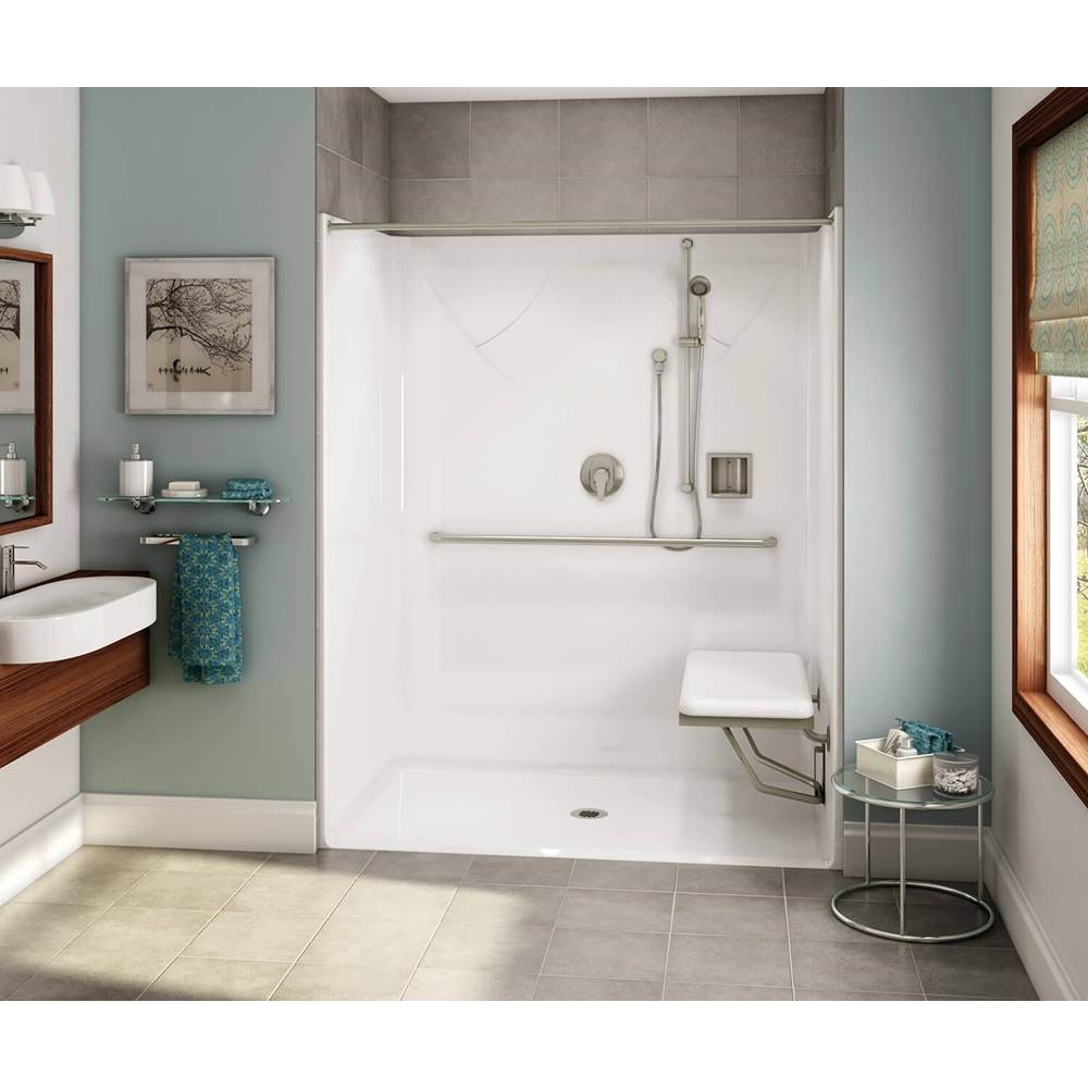 Aker OPS-6036 AcrylX Alcove Center Drain One-Piece Shower in Black - MASS Grab Bar and Seat