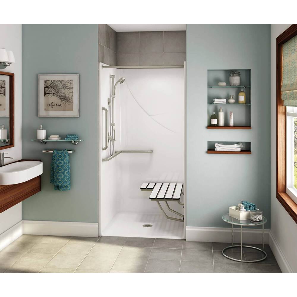 Aker OPS-3636 AcrylX Alcove Center Drain One-Piece Shower in Sterling Silver - Complete Accessibility Package with Vertical Grab Bar