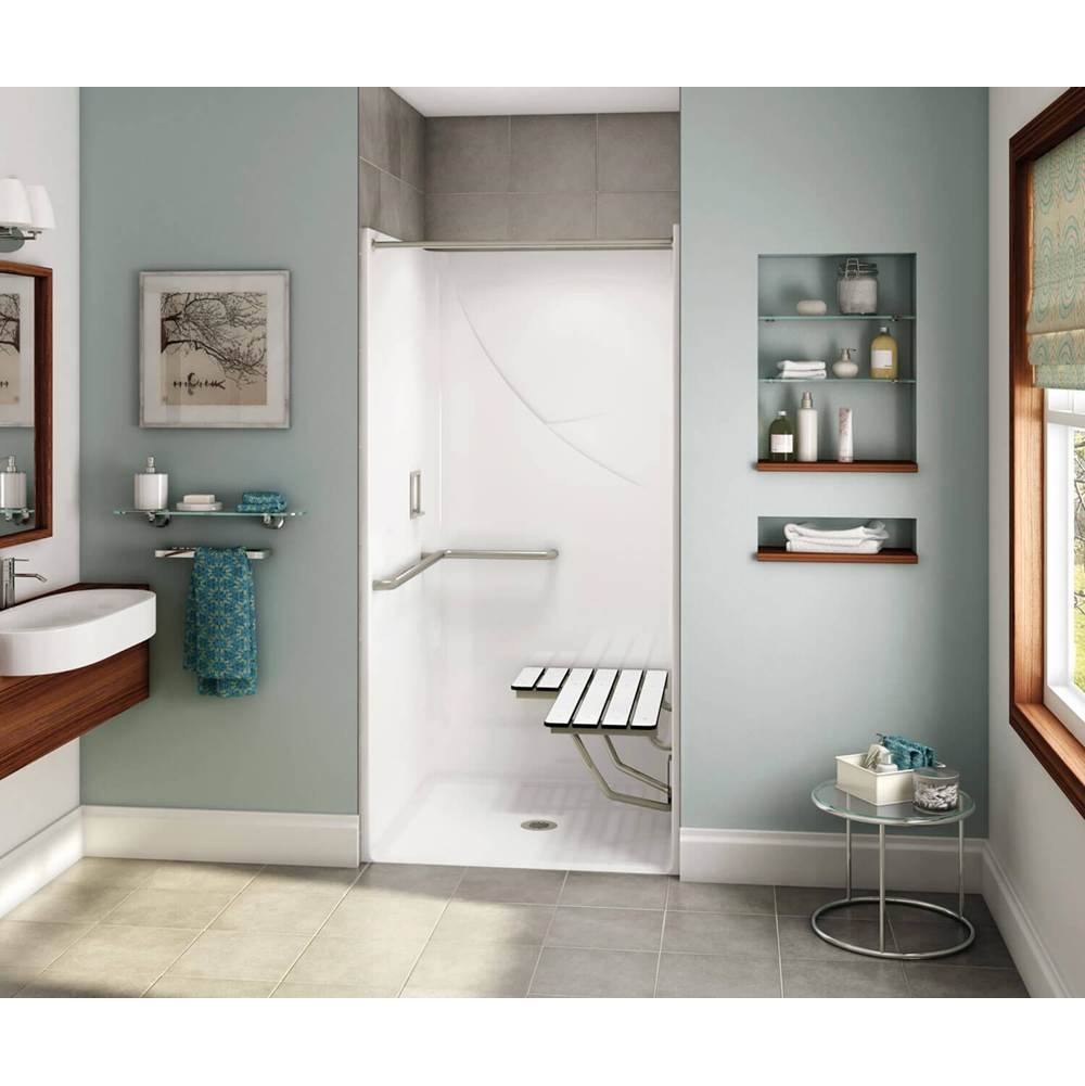 Aker OPS-3636-RS AcrylX Alcove Center Drain One-Piece Shower in Sterling Silver - L-shaped Grab Bar and Seat