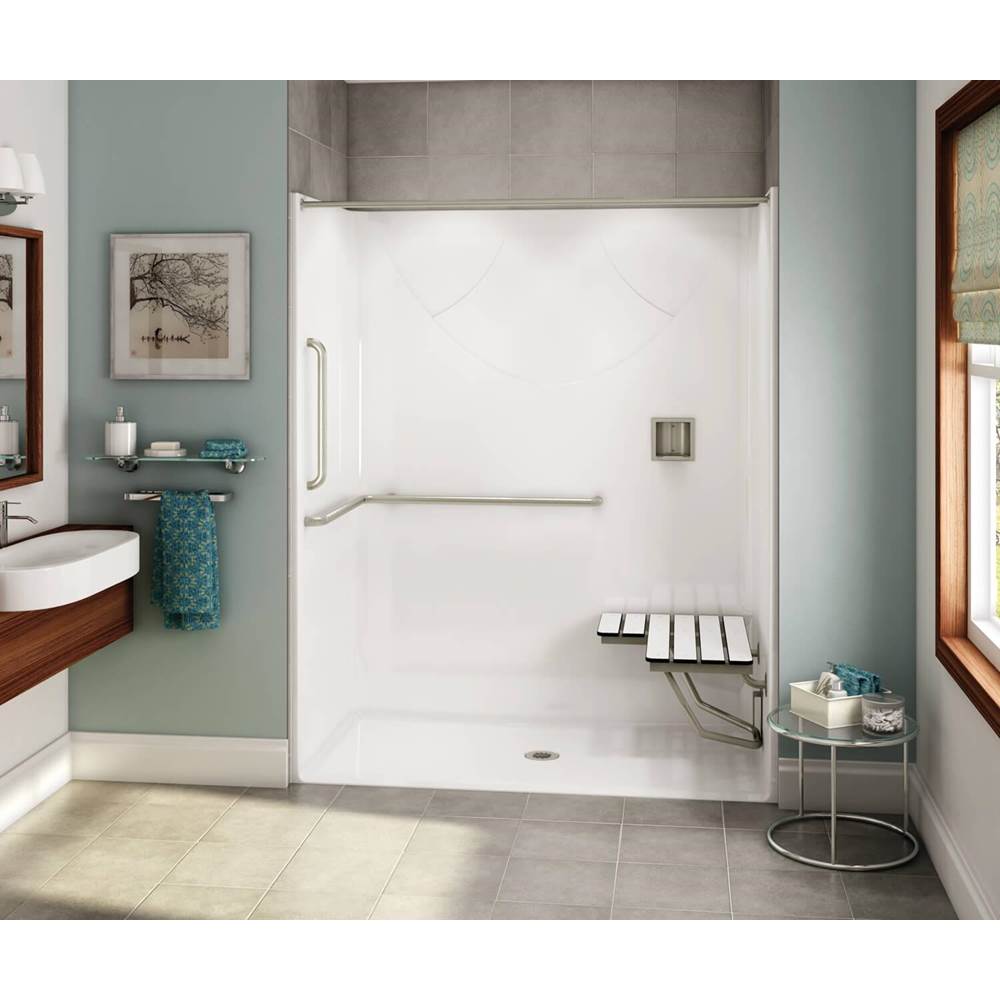 Aker OPS-6030 AcrylX Alcove Center Drain One-Piece Shower in Thunder Grey - ANSI Grab Bar and seat