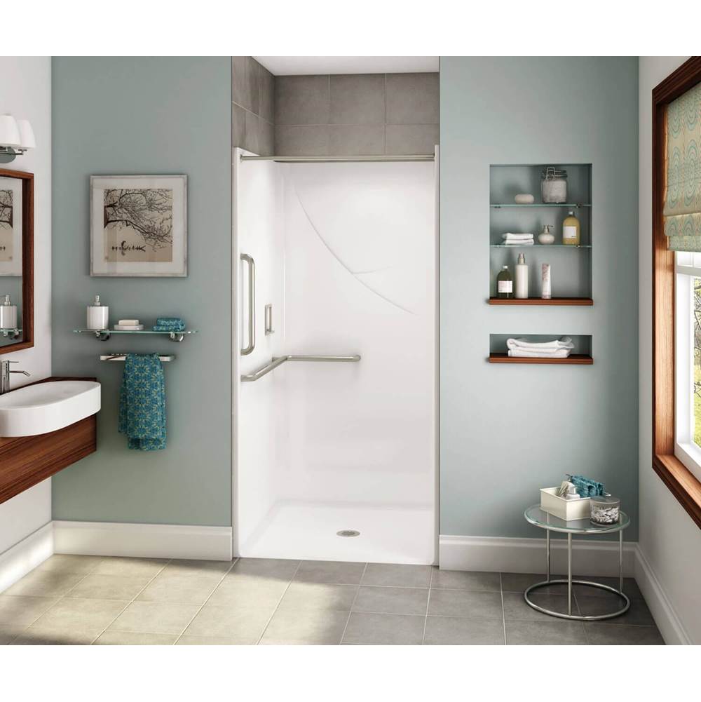Aker OPS-3636 AcrylX Alcove Center Drain One-Piece Shower in Sterling Silver - L-shaped and Vertical Grab Bar