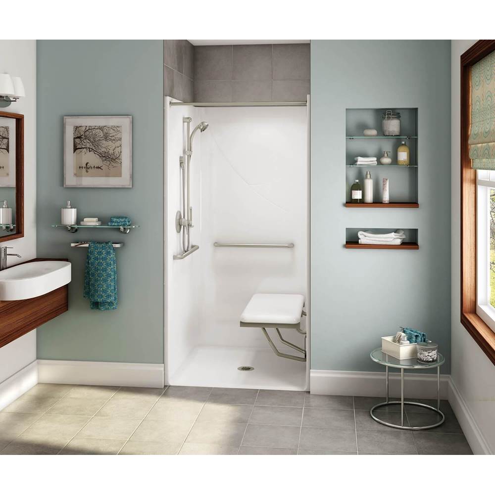 Aker OPS-3636 AcrylX Alcove Center Drain One-Piece Shower in Thunder Grey - with MASS grab bar and seat