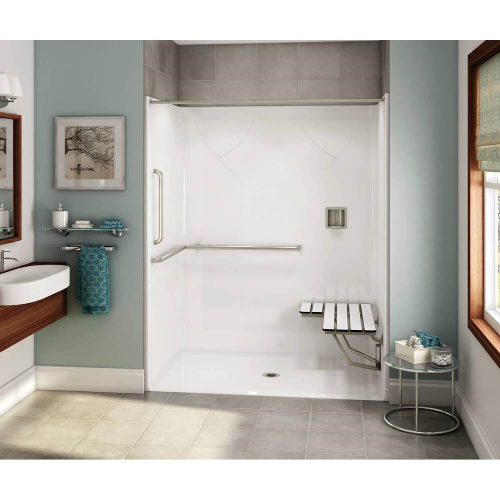 Aker OPS-6036 AcrylX Alcove Center Drain One-Piece Shower in Sterling Silver - ANSI Grab Bar and seat