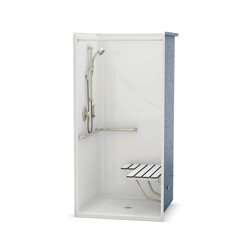 Aker OPS-3636 AcrylX Alcove Center Drain One-Piece Shower in Bone - Complete Accessibility Package with Vertical Grab Bar