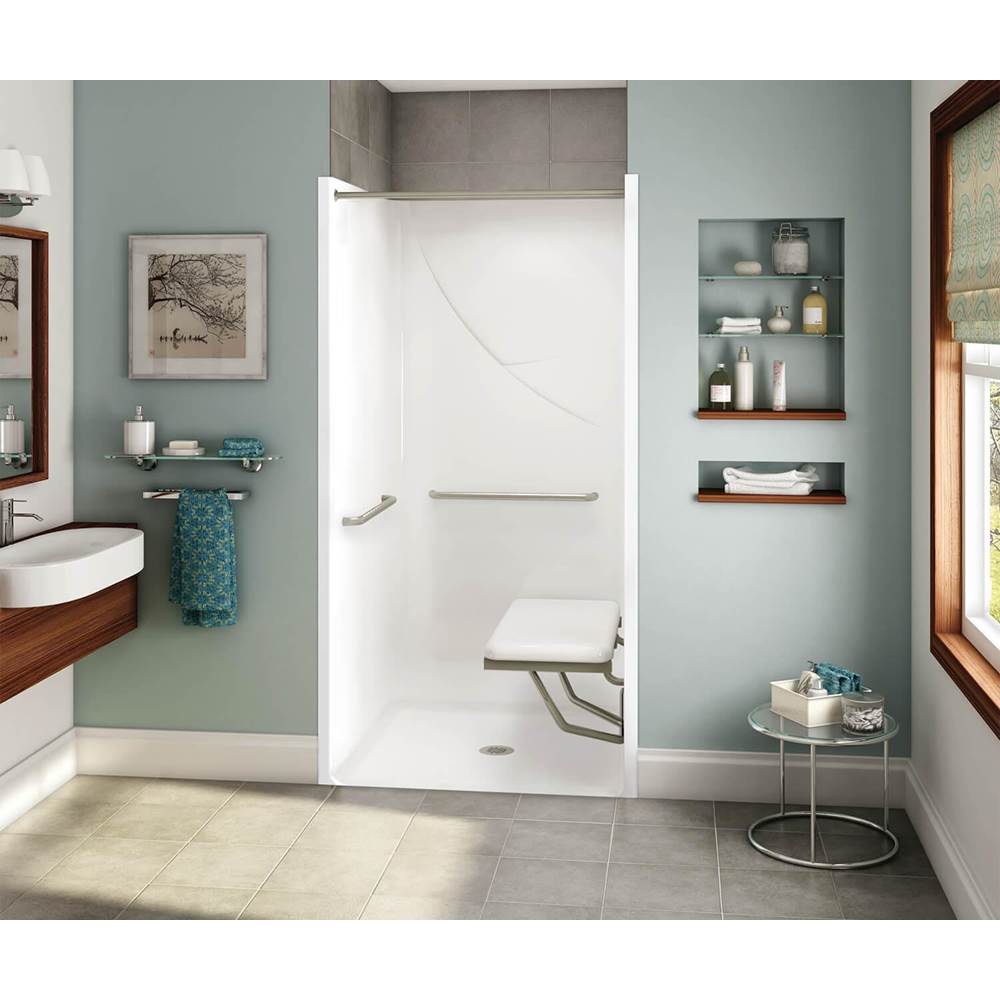 Aker OPS-3636 RRF AcrylX Alcove Center Drain One-Piece Shower in Sterling Silver - MASS Grab Bar and Seat