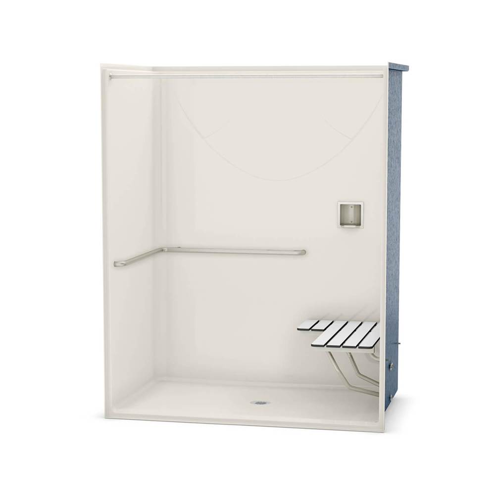 Aker OPS-6036 AcrylX Alcove Center Drain One-Piece Shower in Biscuit - ADA Grab Bar and Seat