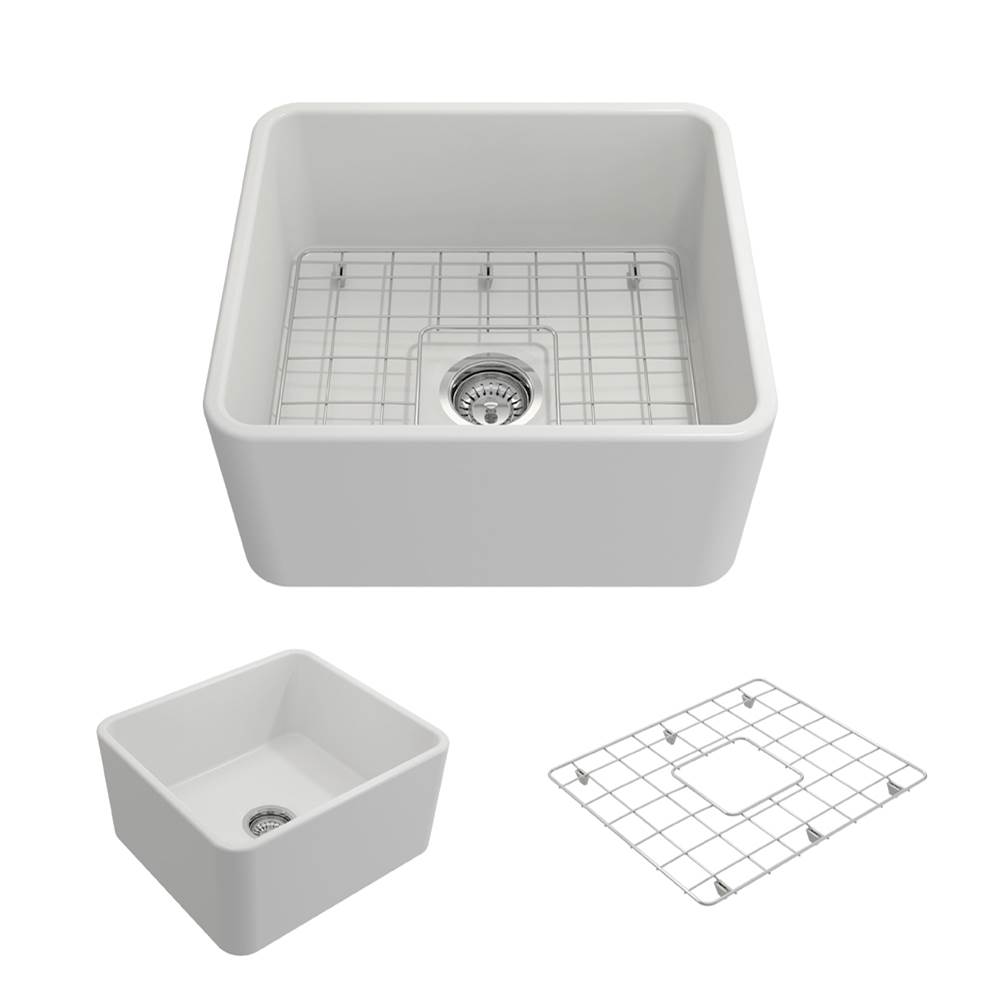 BOCCHI Classico Farmhouse Apron Front Fireclay 20 in. Single Bowl Kitchen Sink with Protective Bottom Grid and Strainer in Matte White