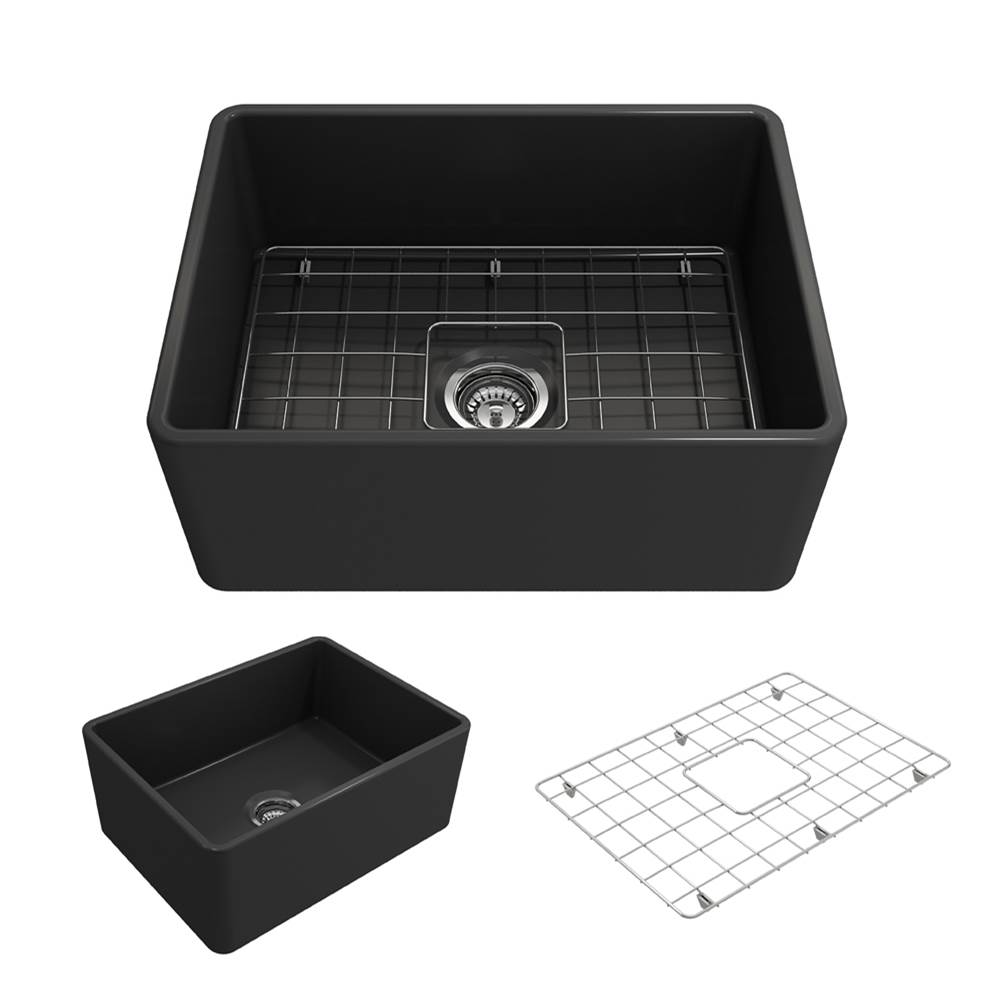 BOCCHI Classico Farmhouse Apron Front Fireclay 24 in. Single Bowl Kitchen Sink with Protective Bottom Grid and Strainer in Matte Dark Gray