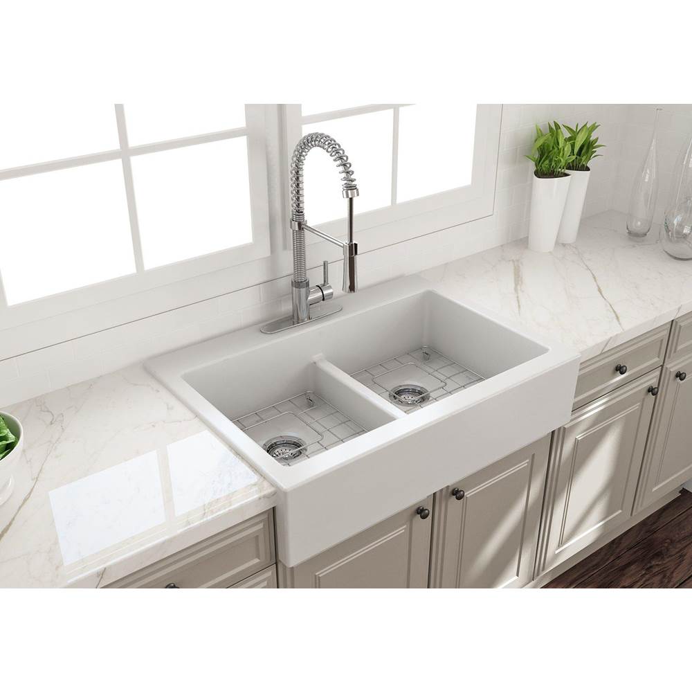 BOCCHI Nuova Apron Front Drop-In Fireclay 34 in. 50/50 Double Bowl Kitchen Sink with Protective Bottom Grids and Strainers in Matte White