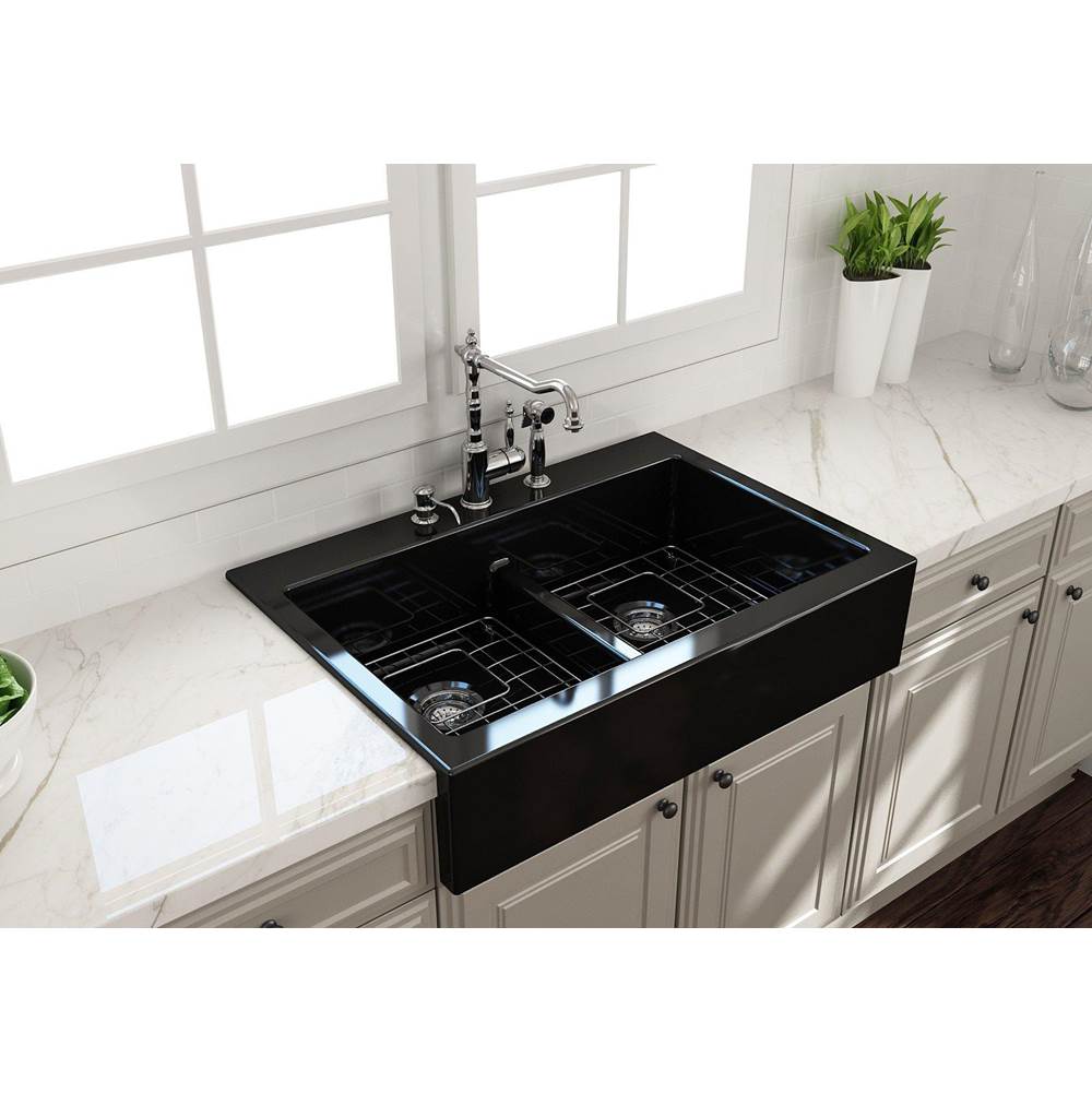 BOCCHI Nuova Apron Front Drop-In Fireclay 34 in. 50/50 Double Bowl Kitchen Sink with Protective Bottom Grids and Strainers in Black