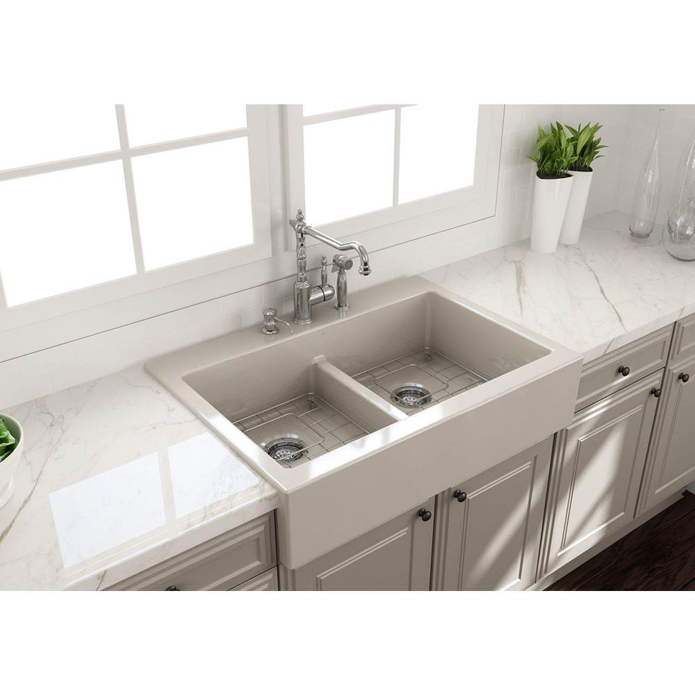 BOCCHI Nuova Apron Front Drop-In Fireclay 34 in. 50/50 Double Bowl Kitchen Sink with Protective Bottom Grids and Strainers in Biscuit