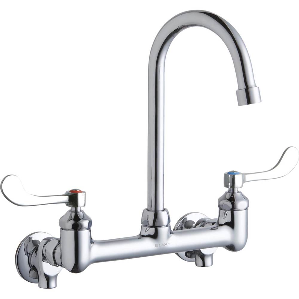 Elkay Scrub/Handwash 8'' Centerset Wall Mount Faucet with 5'' Gooseneck Spout 4in Wristblade Hndle 1/2 Offset InletsPlusStop