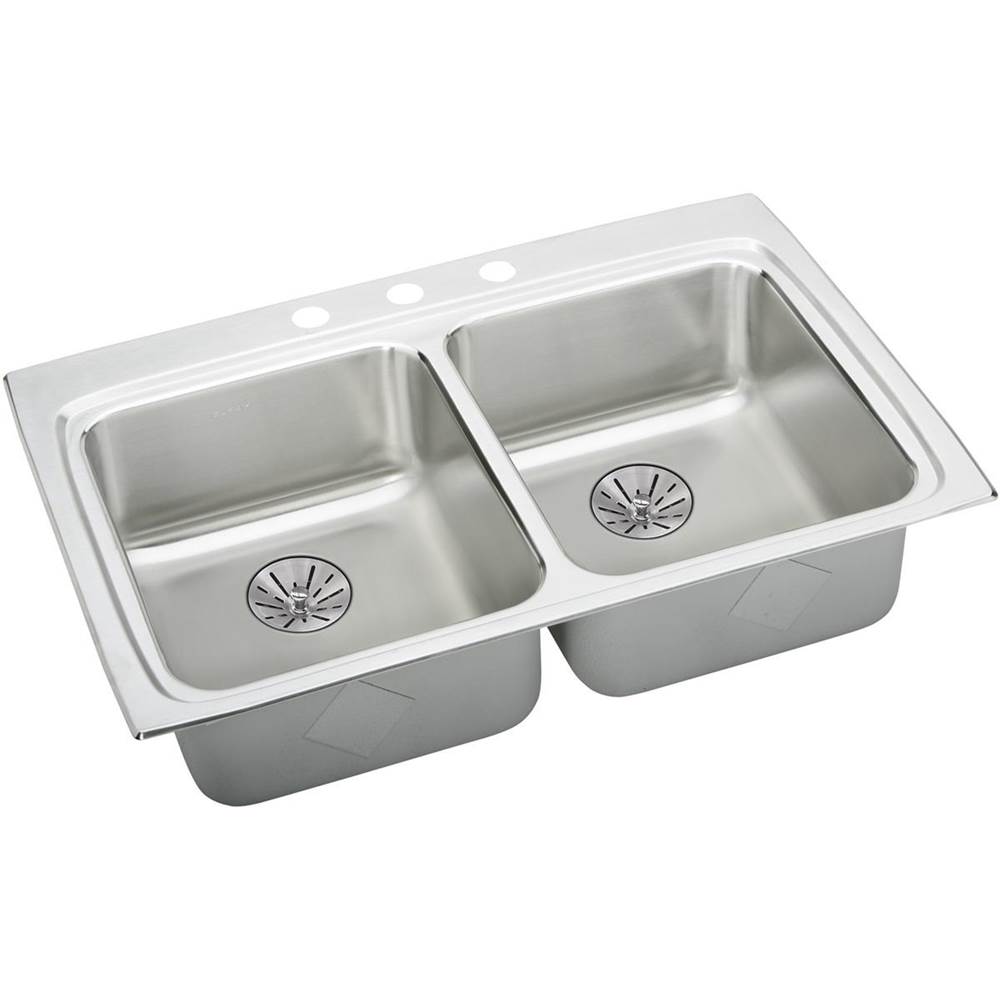 Elkay Lustertone Classic Stainless Steel 33'' x 22'' x 6-1/2'', 3-Hole Equal Double Bowl Drop-in ADA Sink with Perfect Drain and Quick-clip