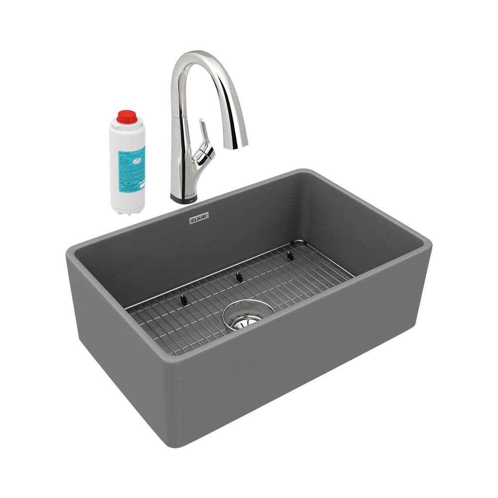 Elkay Fireclay 30'' x 19-15/16'' x 9-1/8'', Single Bowl Farmhouse Sink Kit with Filtered Faucet, Matte Gray