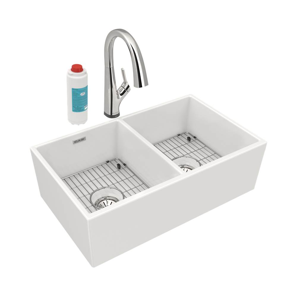 Elkay Fireclay 33'' x 19-15/16'' x 9'', Equal Double Bowl Farmhouse Sink Kit with Filtered Faucet, White