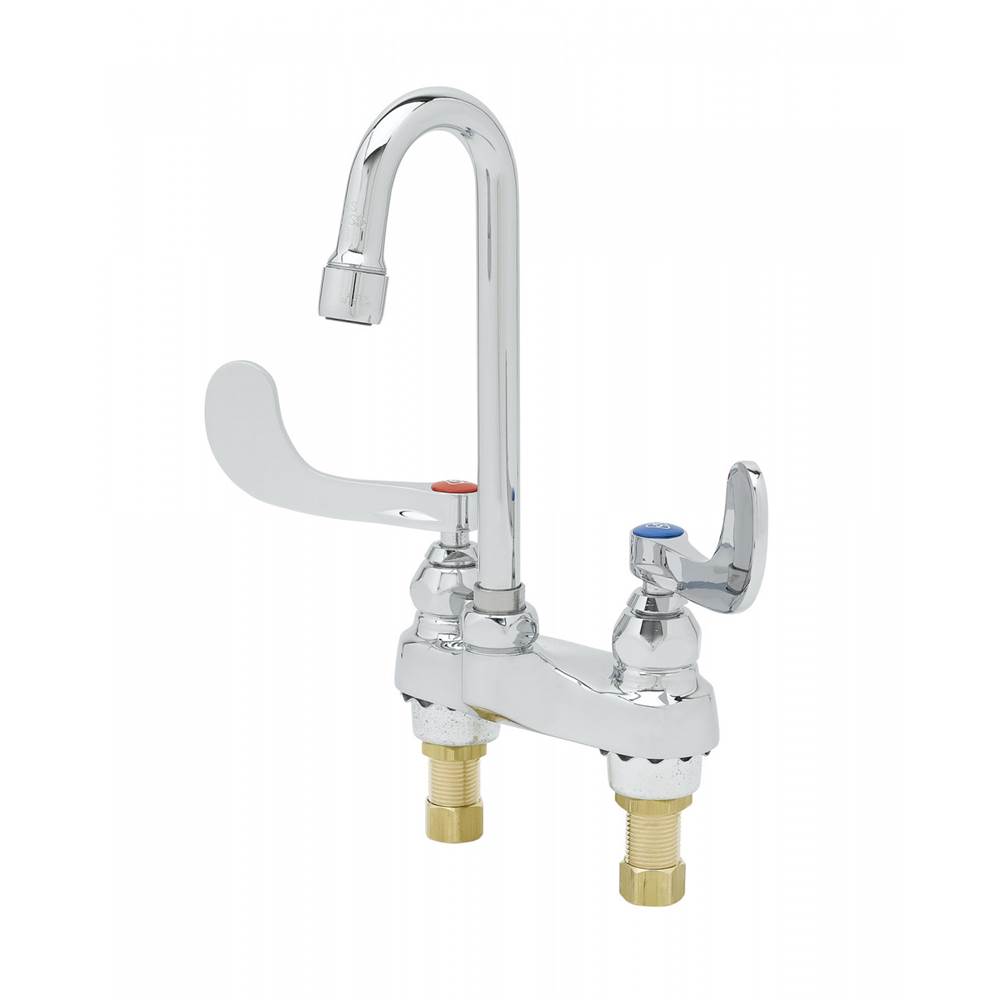 T&S Brass Lavatory Faucet, Deck Mount, Swivel/Rigid Gooseneck, 0.5 GPM Spray Device, 4'' Handles