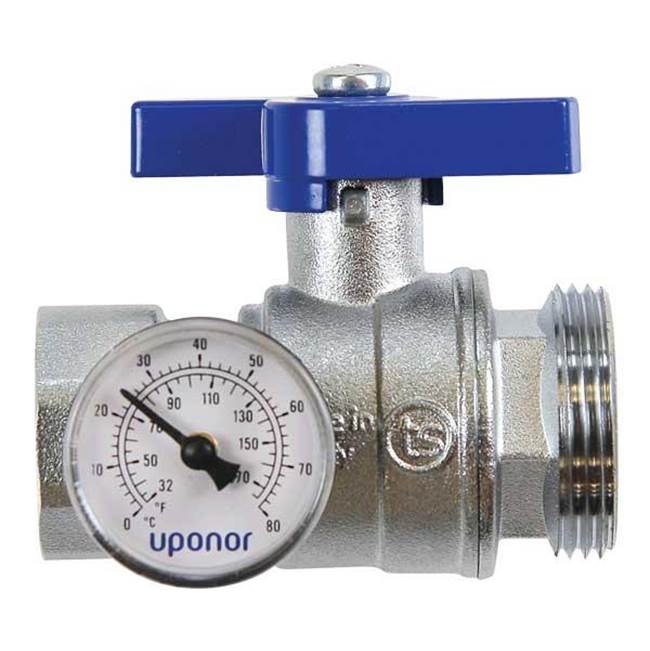 Uponor Stainless-Steel Manifold Supply And Return 1'' Fnpt Ball Valve With Temperature Gauge, Set Of 2
